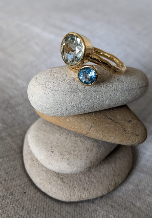 Green amethyst and blue topaz ring